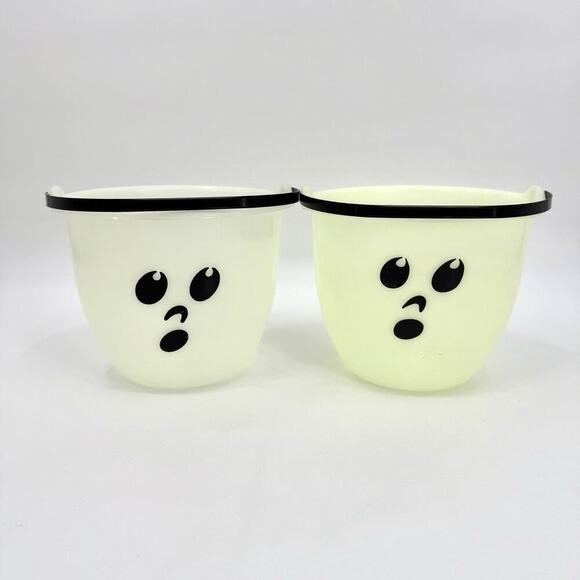 2 Candy Glow In The Dark Halloween Pail Bucket Handle Trick Treat Face 7 in Vtg - Picture 1 of 10